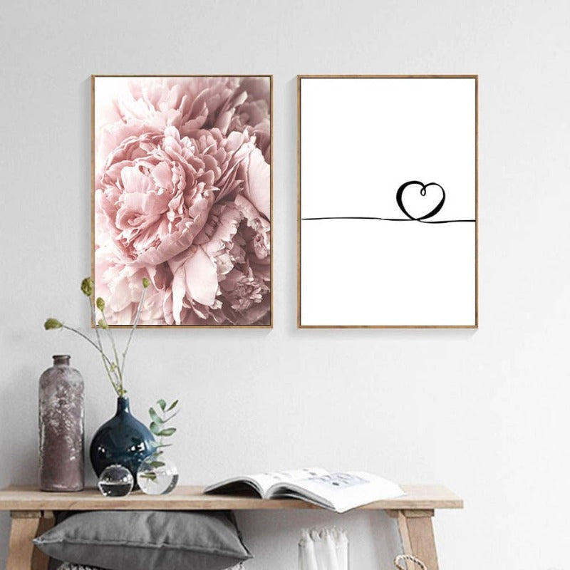 Modern Pink Peony Flower Minimalist Letter - Canvas Wall Art Painting | Bowlift
