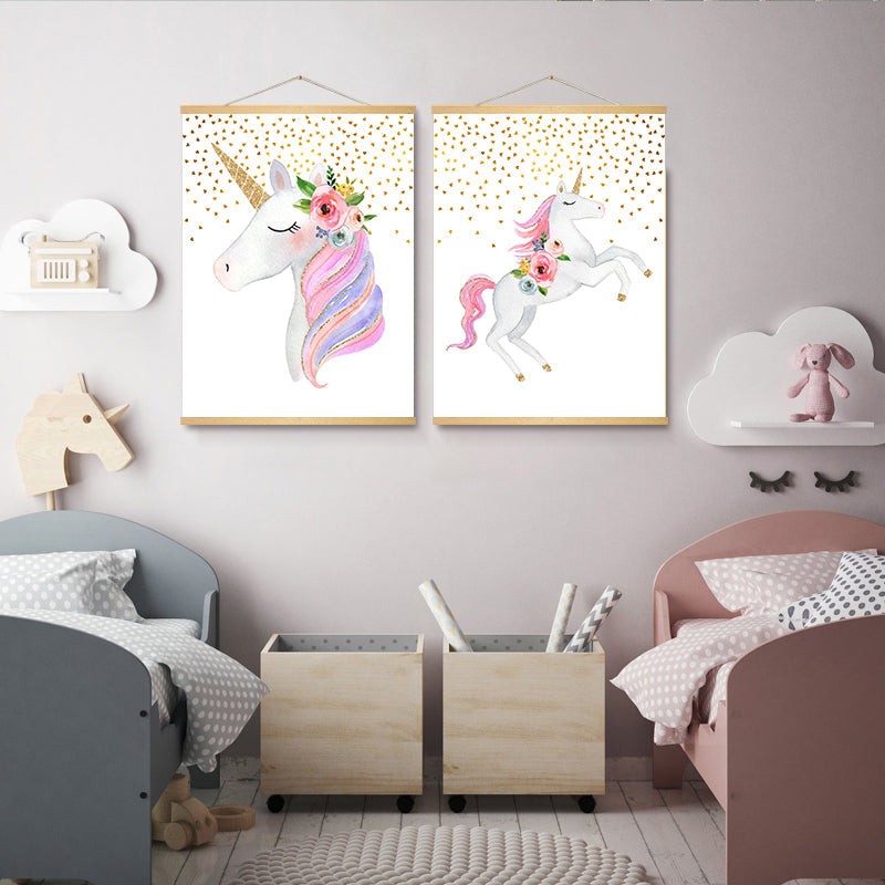 Modern Cartoon Pink Unicorn - Canvas Wall Art Painting | Bowlift