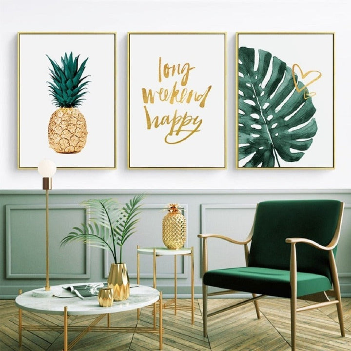 Gold Pineapple Tropical Turtle Leaf Modern - Canvas Wall Art Painting | Bowlift