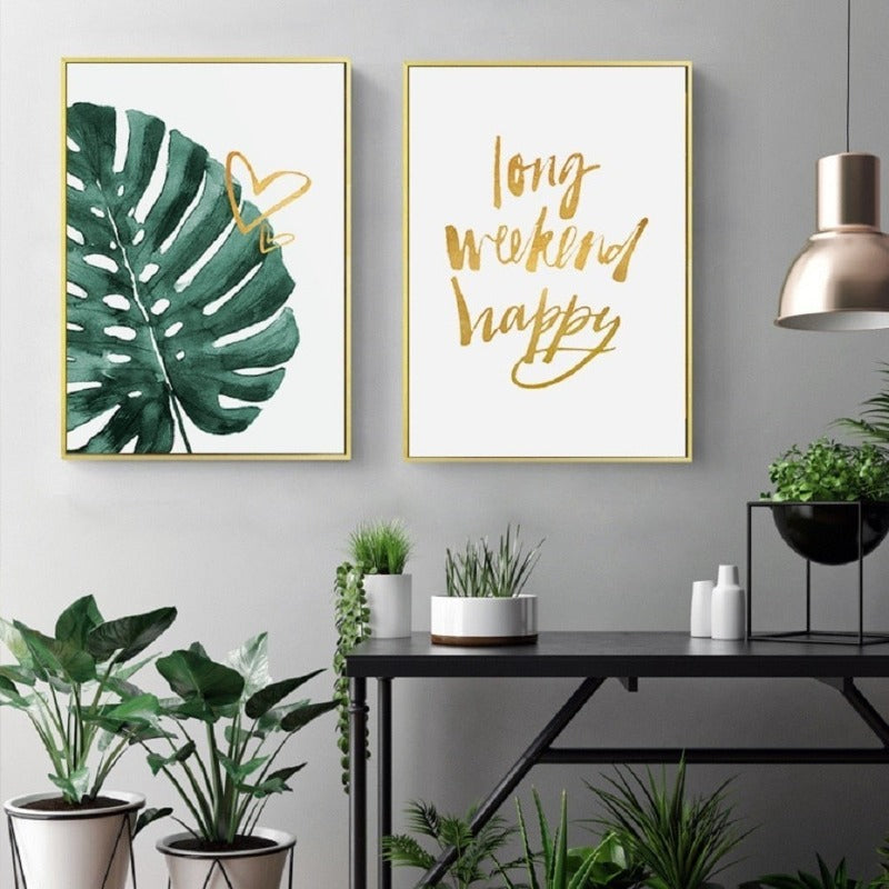Gold Pineapple Tropical Turtle Leaf Modern - Canvas Wall Art Painting | Bowlift