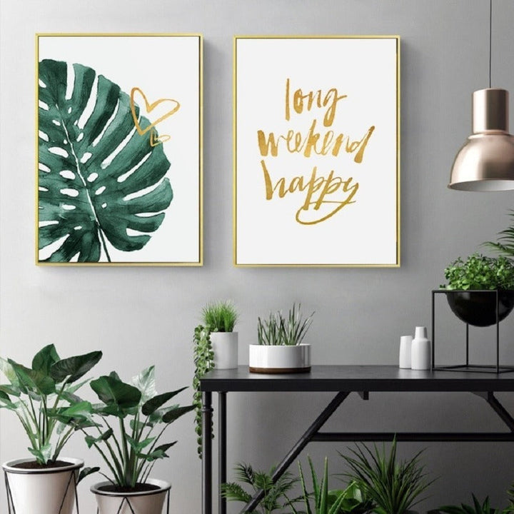 Gold Pineapple Tropical Turtle Leaf Modern - Canvas Wall Art Painting | Bowlift