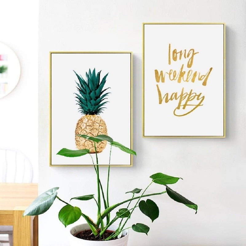 Gold Pineapple Tropical Turtle Leaf Modern - Canvas Wall Art Painting | Bowlift