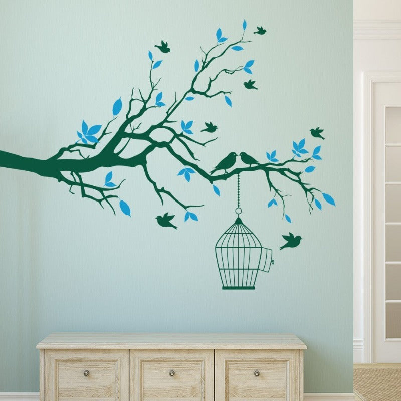Tree Branch Wall Art Sticker with Bird Cage Removable Vinyl Wall Decals | Bowlift