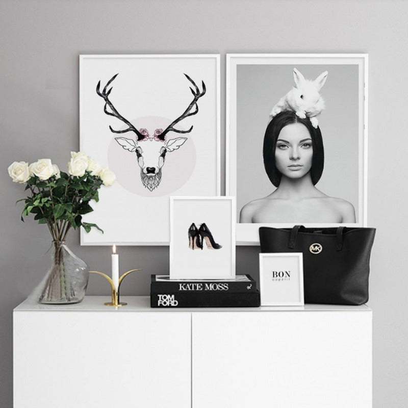 Deer Poster & Print Black Wall - Canvas Wall Art Painting | Bowlift