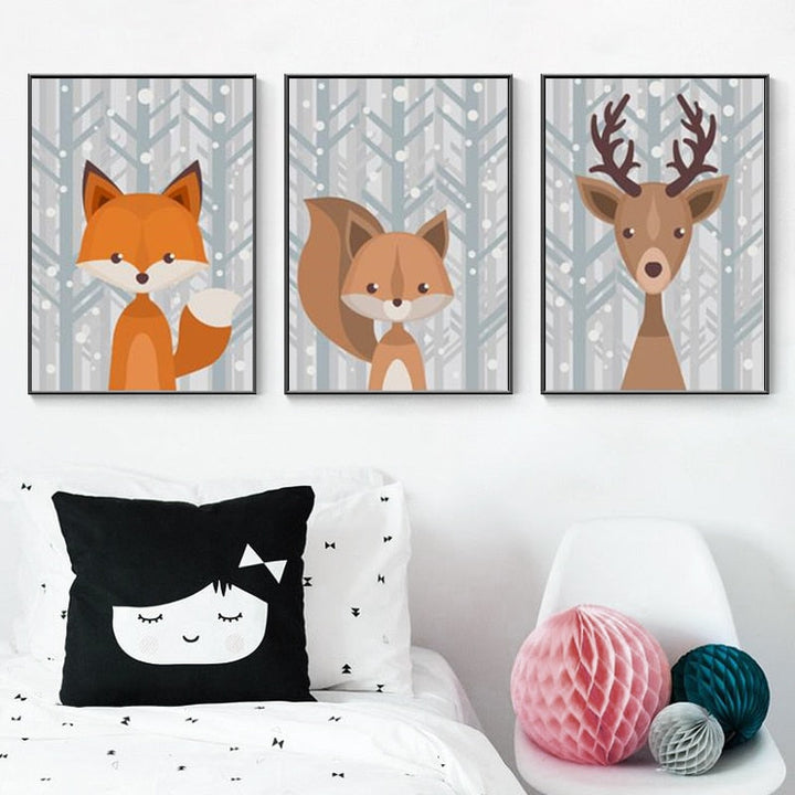 Woodland Fox Deer Animals - Canvas Wall Art Painting | Bowlift