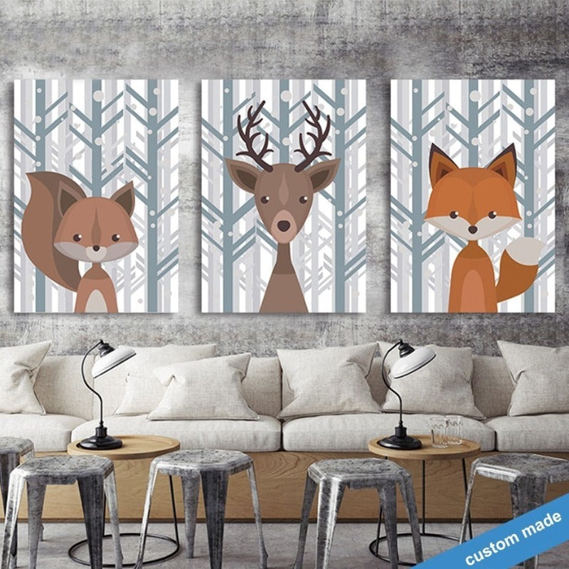 Woodland Fox Deer Animals - Canvas Wall Art Painting | Bowlift