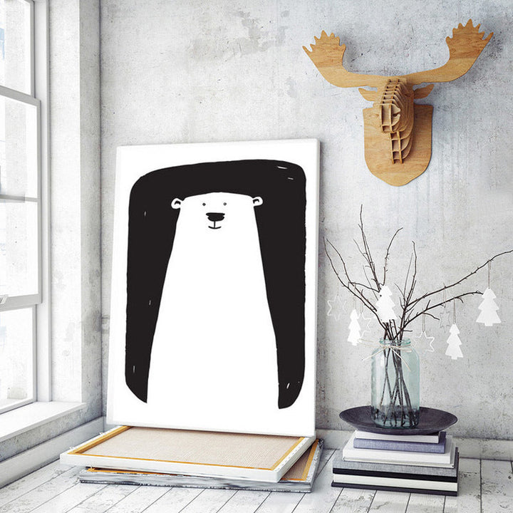 Minimalist Black And White Cartoon Bear Nursery Decor - Canvas Wall Art Painting | Bowlift