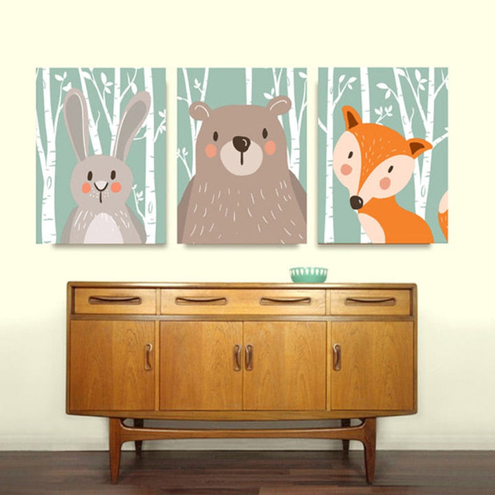 Woodland Animals Rabbit Fox Bear Nursery  - Canvas Wall Art Painting | Bowlift
