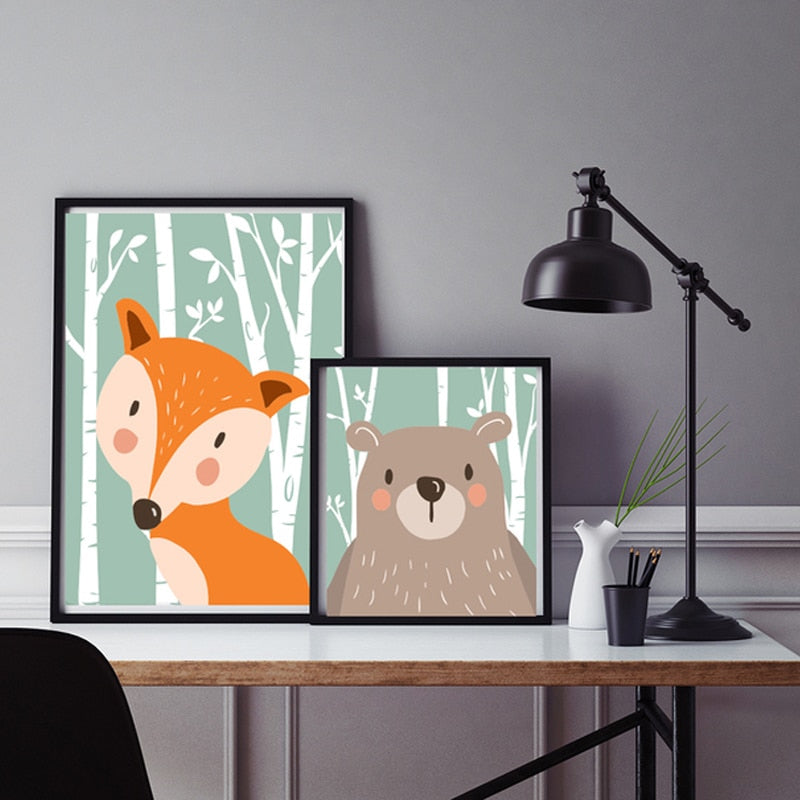 Woodland Animals Rabbit Fox Bear Nursery  - Canvas Wall Art Painting | Bowlift