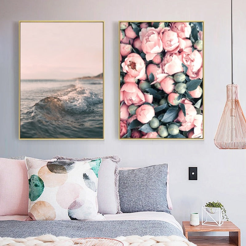 Modern Romantic Pink Peony Flamingo - Canvas Wall Art Painting | Bowlift
