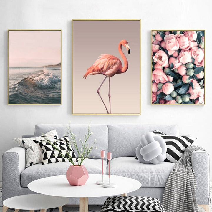 Modern Romantic Pink Peony Flamingo - Canvas Wall Art Painting | Bowlift