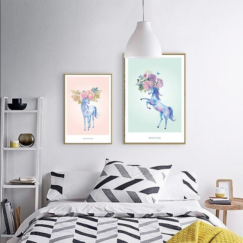 Nordic Cartoon Animals Flowers Unicorn - Canvas Wall Art Painting | Bowlift