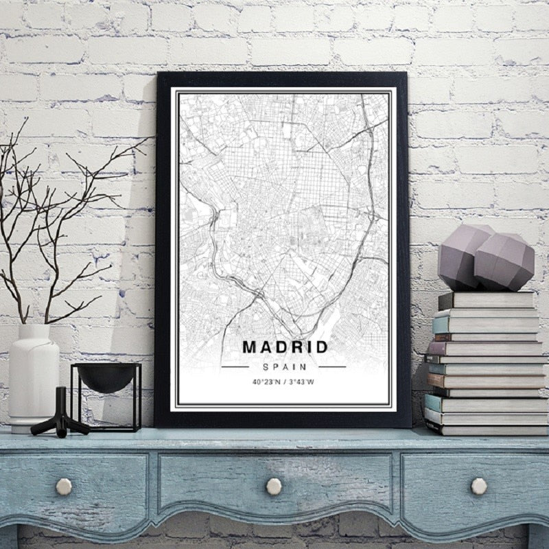 Black And White Madrid City Map Latitude Longitude Prints Poster | Bowlift