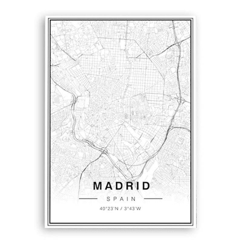 Black And White Madrid City Map Latitude Longitude Prints Poster | Bowlift