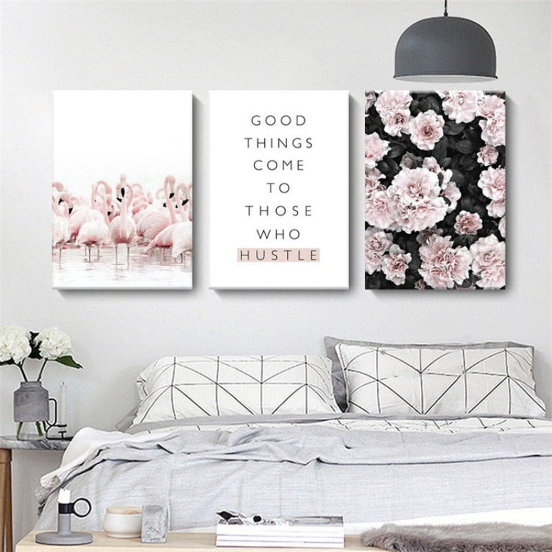Modern Pink Floral Flamingo - Canvas Wall Art Painting | Bowlift