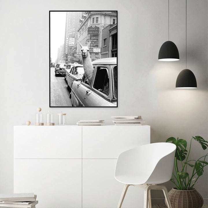 Alpaca in Taxi - Canvas Wall Art Painting | Bowlift