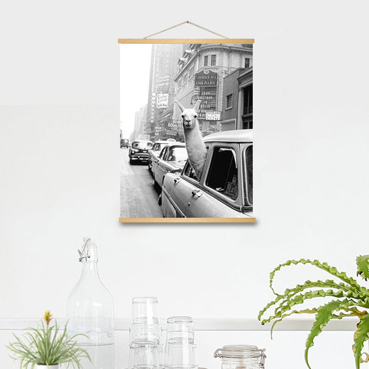 Alpaca in Taxi - Canvas Wall Art Painting | Bowlift