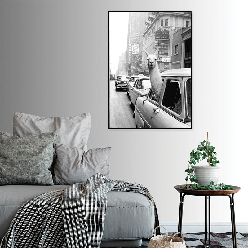 Alpaca in Taxi - Canvas Wall Art Painting | Bowlift