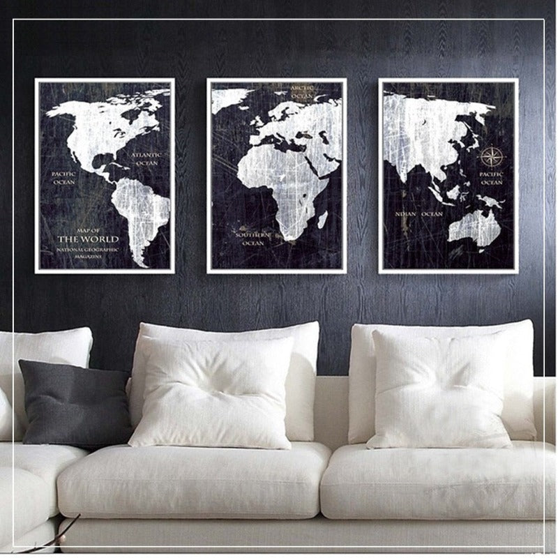 Vintage Black And White World Map Posters Prints - Canvas Wall Art Painting | Bowlift