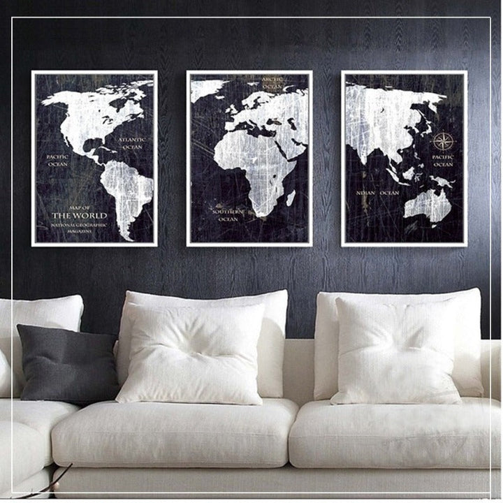 Vintage Black And White World Map Posters Prints - Canvas Wall Art Painting | Bowlift