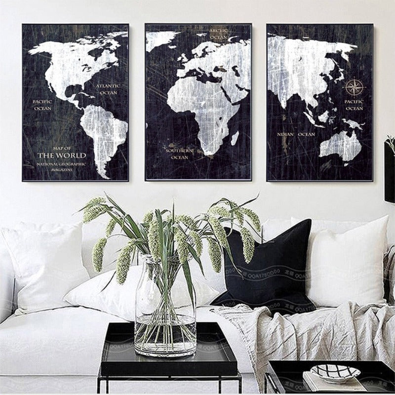 Vintage Black And White World Map Posters Prints - Canvas Wall Art Painting | Bowlift