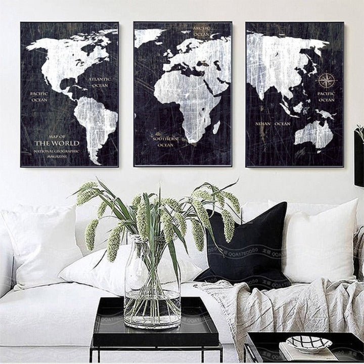 Vintage Black And White World Map Posters Prints - Canvas Wall Art Painting | Bowlift