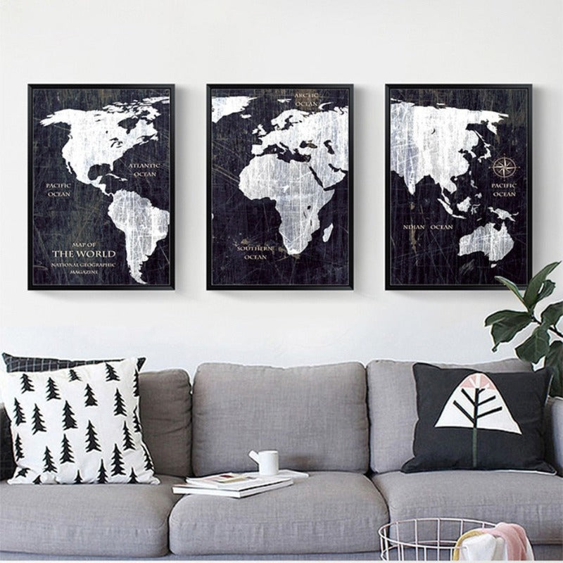 Vintage Black And White World Map Posters Prints - Canvas Wall Art Painting | Bowlift