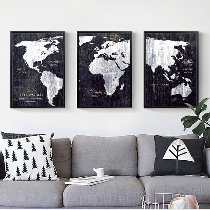 Vintage Black And White World Map Posters Prints - Canvas Wall Art Painting | Bowlift
