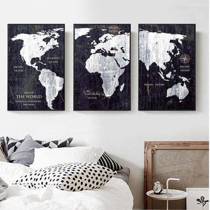 Vintage Black And White World Map Posters Prints - Canvas Wall Art Painting | Bowlift
