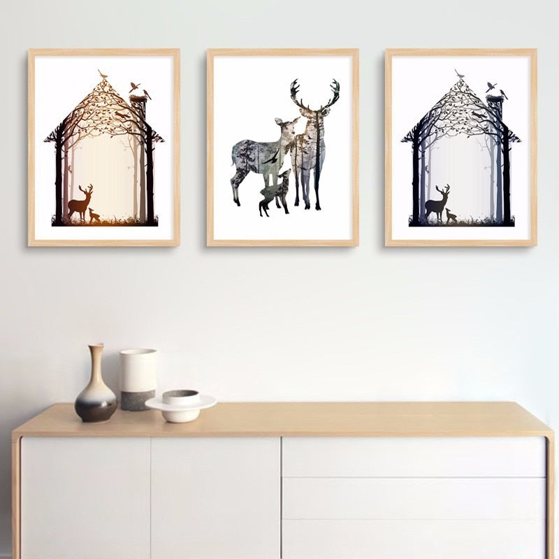 Abstract Deer Family Animals - Canvas Wall Art Painting | Bowlift