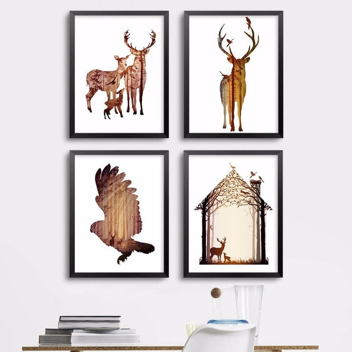 Abstract Deer Family Animals - Canvas Wall Art Painting | Bowlift