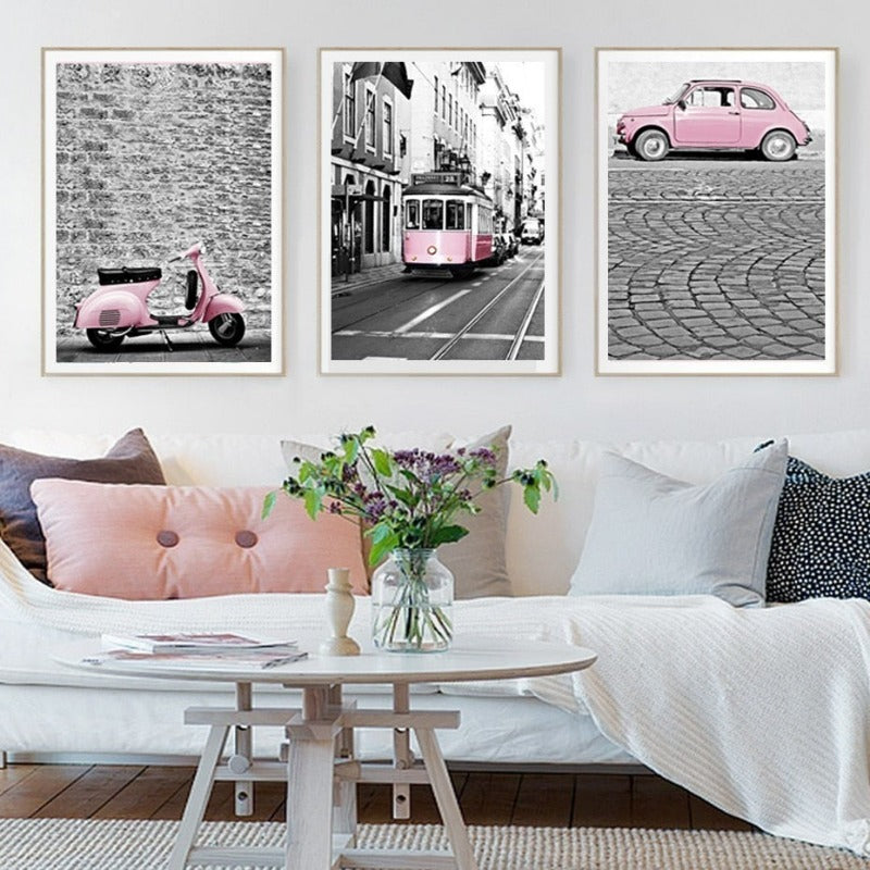 City Landscape Pink Car-Canvas Wall Art Painting | Bowlift