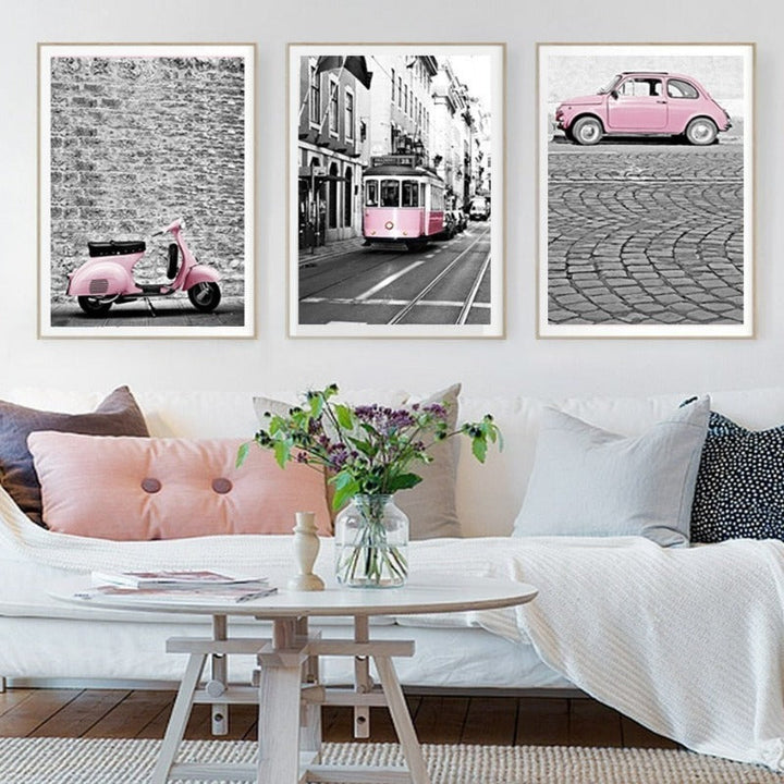 City Landscape Pink Car-Canvas Wall Art Painting | Bowlift