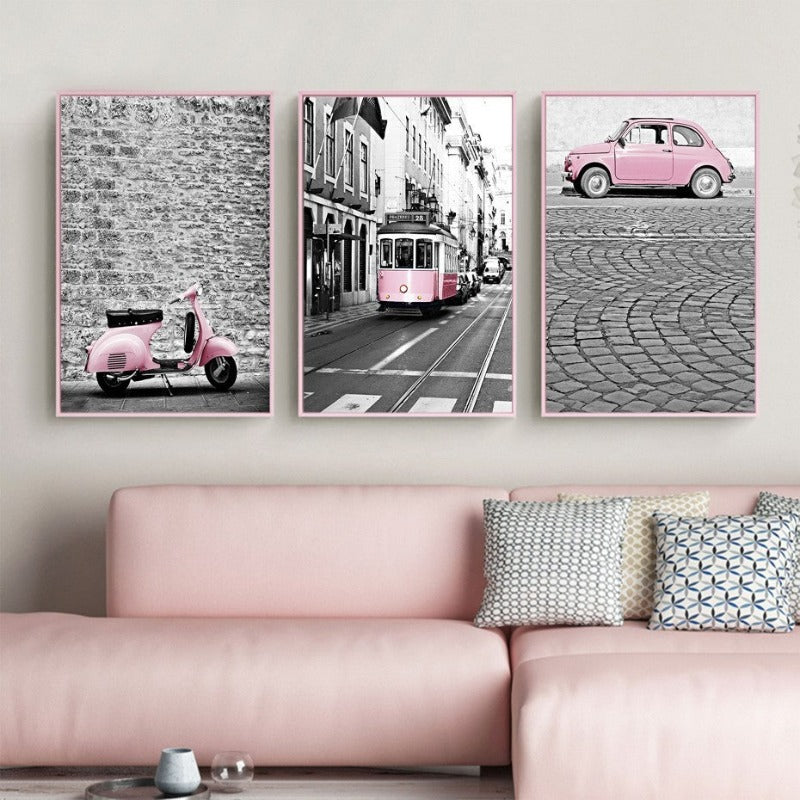 City Landscape Pink Car-Canvas Wall Art Painting | Bowlift