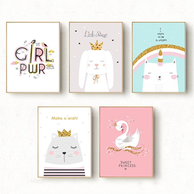 Modern Pink Princess Unicorn Posters - Canvas Wall Art Painting | Bowlift