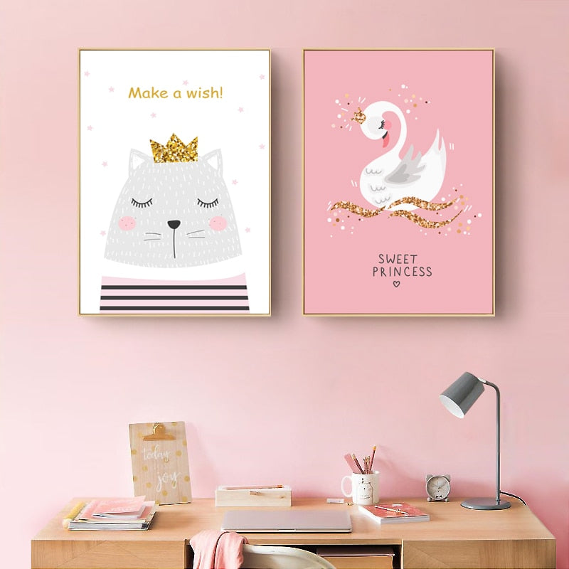 Modern Pink Princess Unicorn Posters - Canvas Wall Art Painting | Bowlift