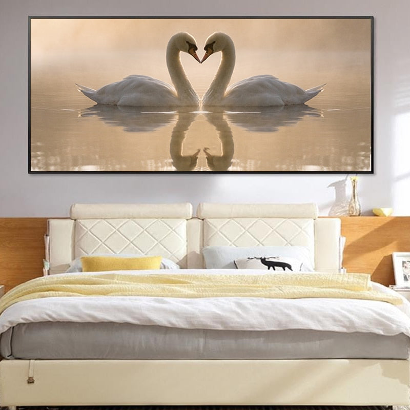 Love Coupe Of Swan Landscape - Canvas Wall Art Painting | Bowlift
