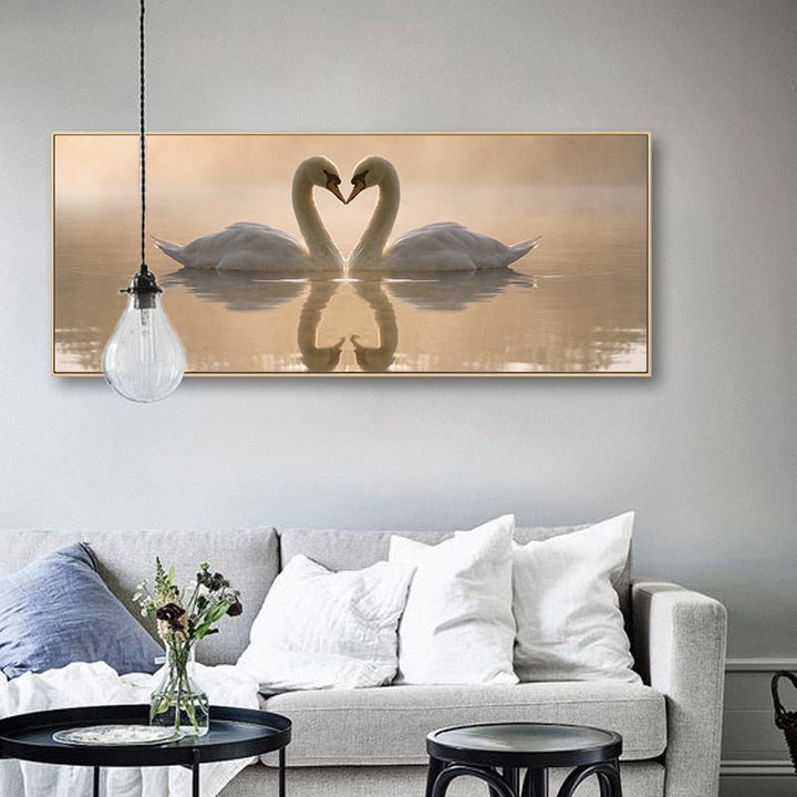 Love Coupe Of Swan Landscape - Canvas Wall Art Painting | Bowlift