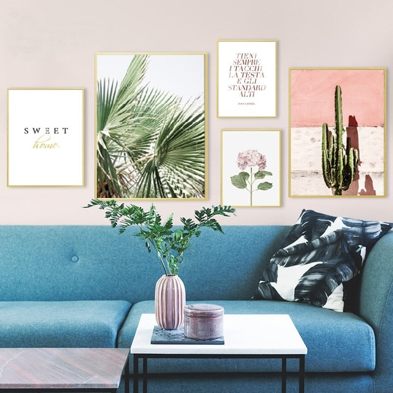Nordic Green Leaves Cactus Pink Flower Sweet Home - Canvas Wall Art Painting | Bowlift