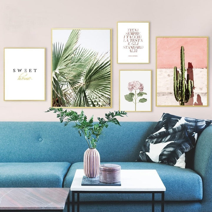 Nordic Green Leaves Cactus Pink Flower Sweet Home - Canvas Wall Art Painting | Bowlift
