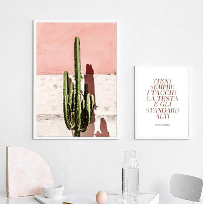 Nordic Green Leaves Cactus Pink Flower Sweet Home - Canvas Wall Art Painting | Bowlift
