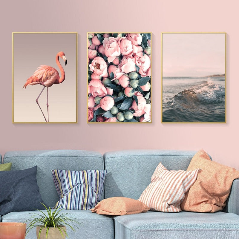 Modern Romantic Pink Peony Flamingo - Canvas Wall Art Painting | Bowlift