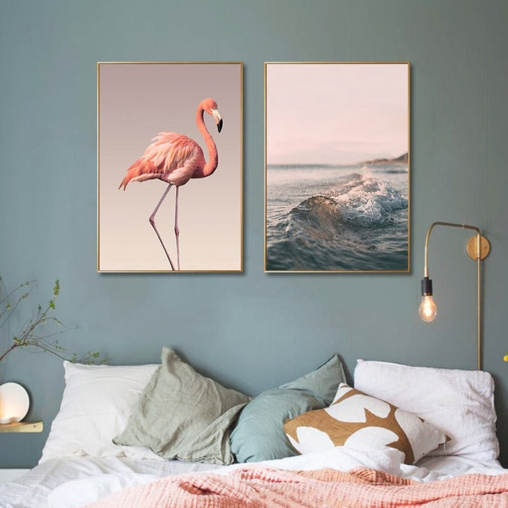 Modern Romantic Pink Peony Flamingo - Canvas Wall Art Painting | Bowlift
