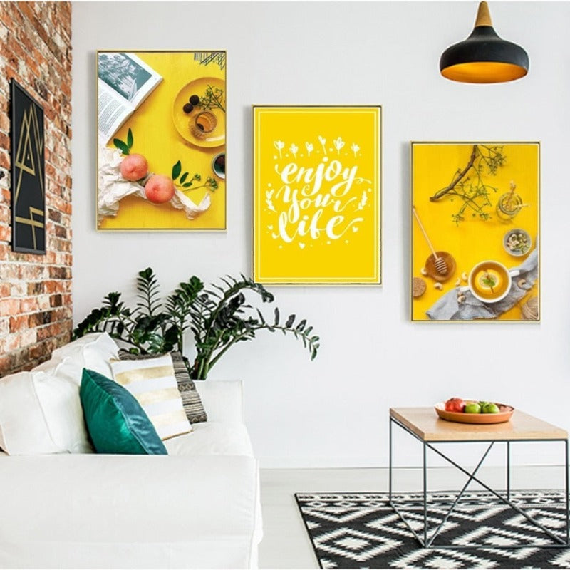 Food Tea Poster Life Quote Yellow Background - Canvas Wall Art Painting | Bowlift