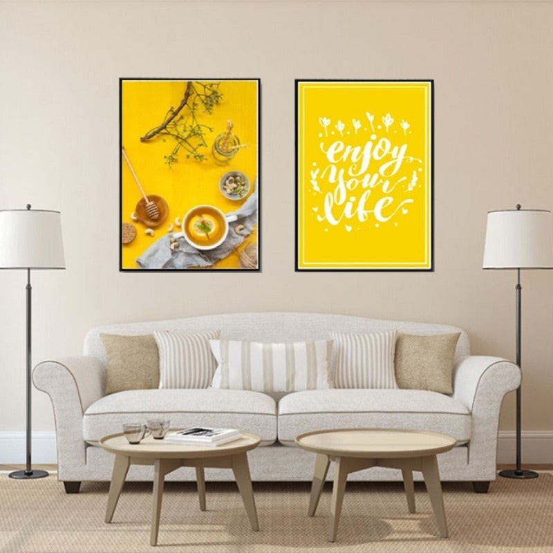Food Tea Poster Life Quote Yellow Background - Canvas Wall Art Painting | Bowlift