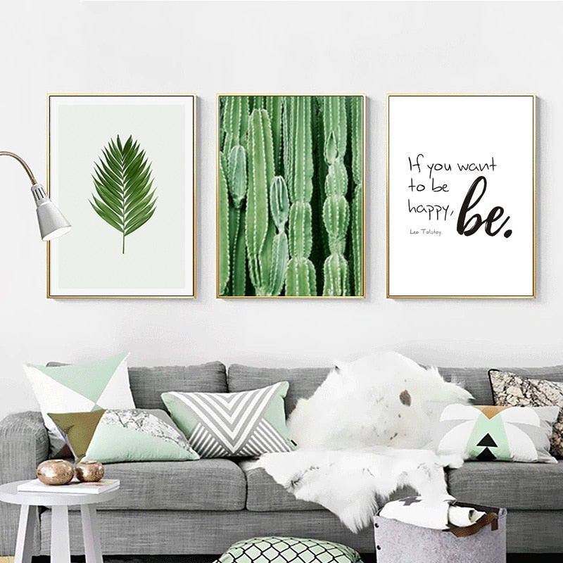 Scandinavian Cactus Green Leaf Life Quote Nordic - Canvas Wall Art Painting | Bowlift
