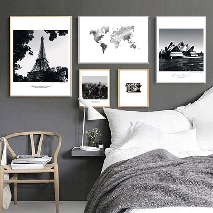 Modern Travel City Scene World Map  - Canvas Wall Art Painting | Bowlift