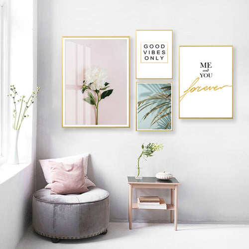 Modern Pink Floral Green Leaves Words - Canvas Wall Art Painting | Bowlift