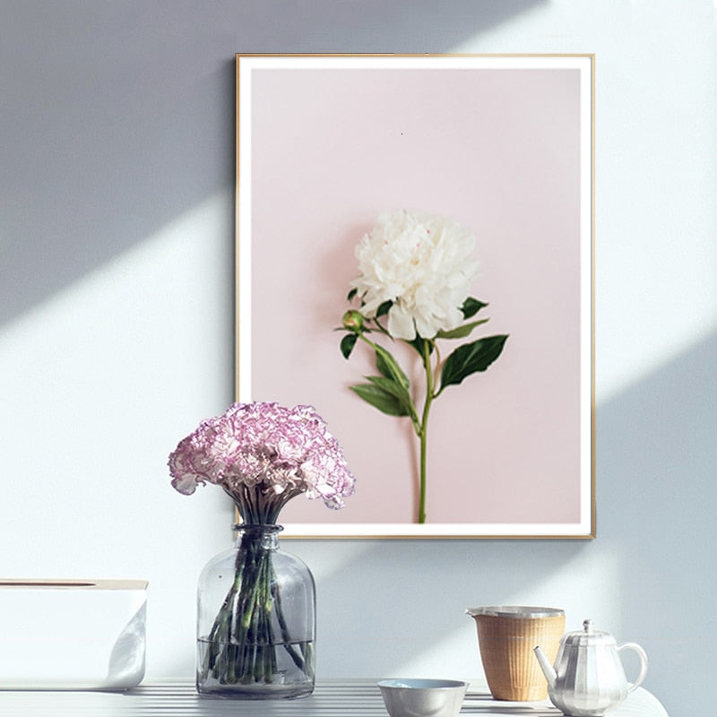 Modern Pink Floral Green Leaves Words - Canvas Wall Art Painting | Bowlift
