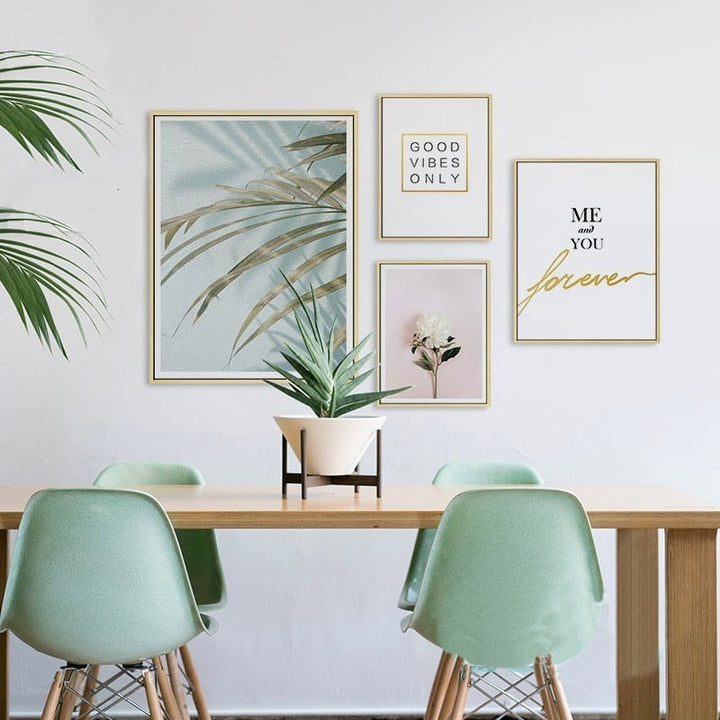 Modern Pink Floral Green Leaves Words - Canvas Wall Art Painting | Bowlift